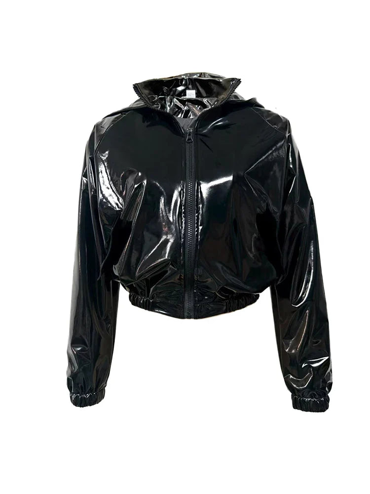 Kurze Damen Lackjacke mit Kapuze, Schwarz
