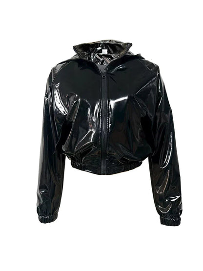 Kurze Damen Lackjacke mit Kapuze, Schwarz