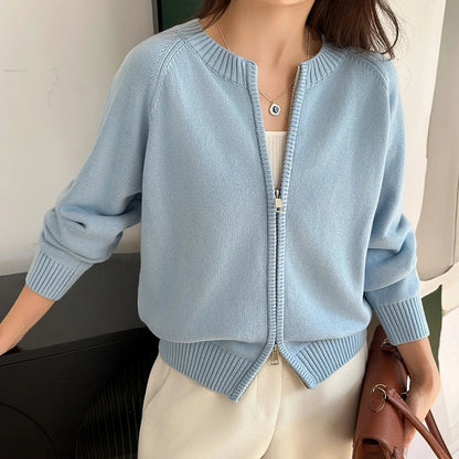 Women's zip-up cardigan with crew neck