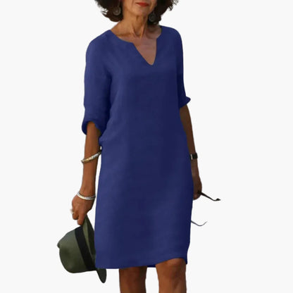 Damen Freizeitkleid mit V-Ausschnitt und 3/4-Ärmeln – Elegantes Alltagskleid für Büro und Freizeit