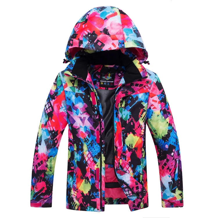 Bunte Outdoor-Jacke mit Kapuze und Muster, wasserabweisend