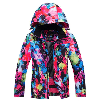 Bunte Outdoor-Jacke mit Kapuze und Muster, wasserabweisend