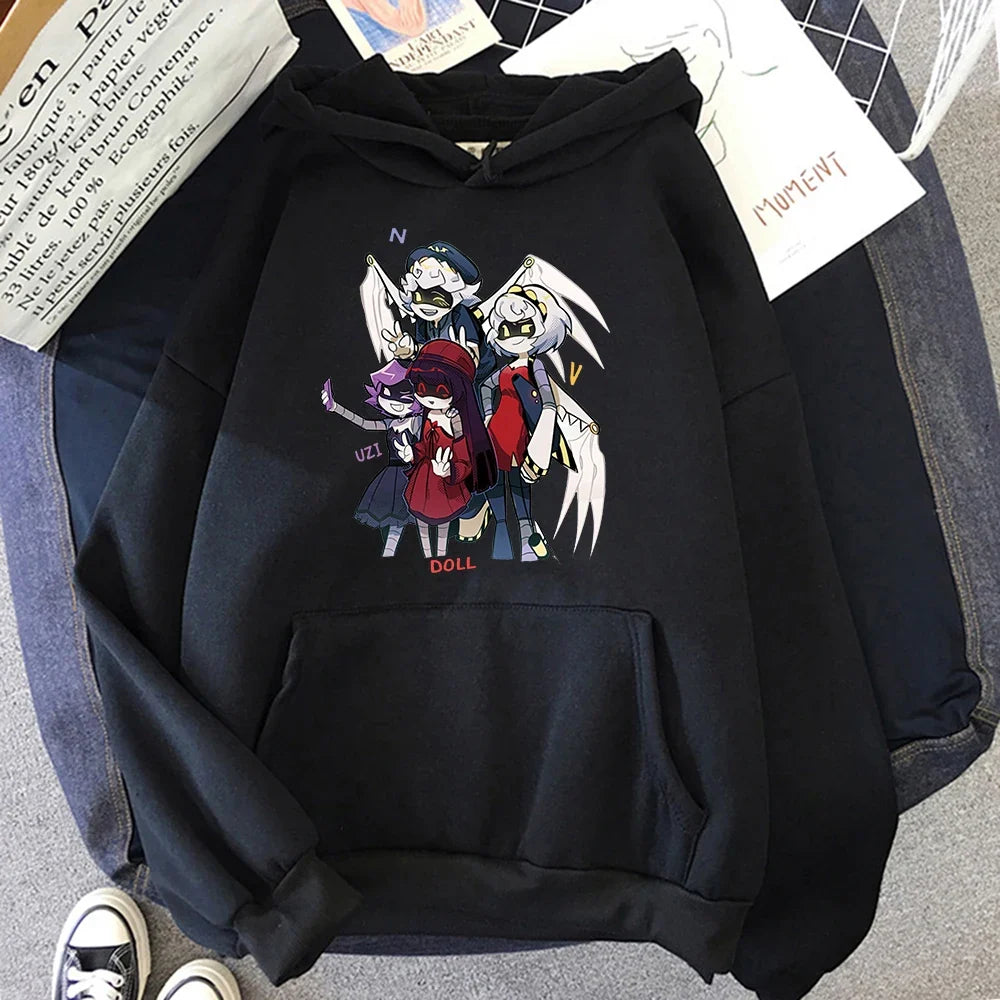 Hoodie mit Kapuze und Anime-Figuren Print Schwarz Unisex