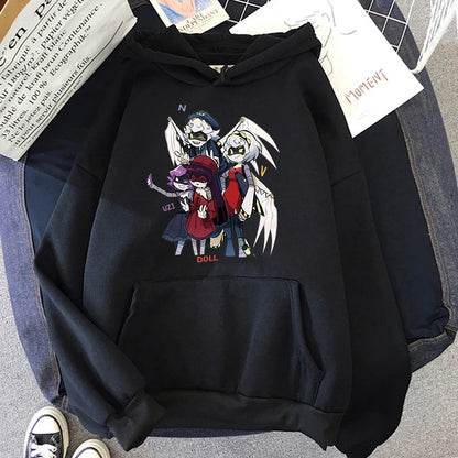 Hoodie mit Kapuze und Anime-Figuren Print Schwarz Unisex