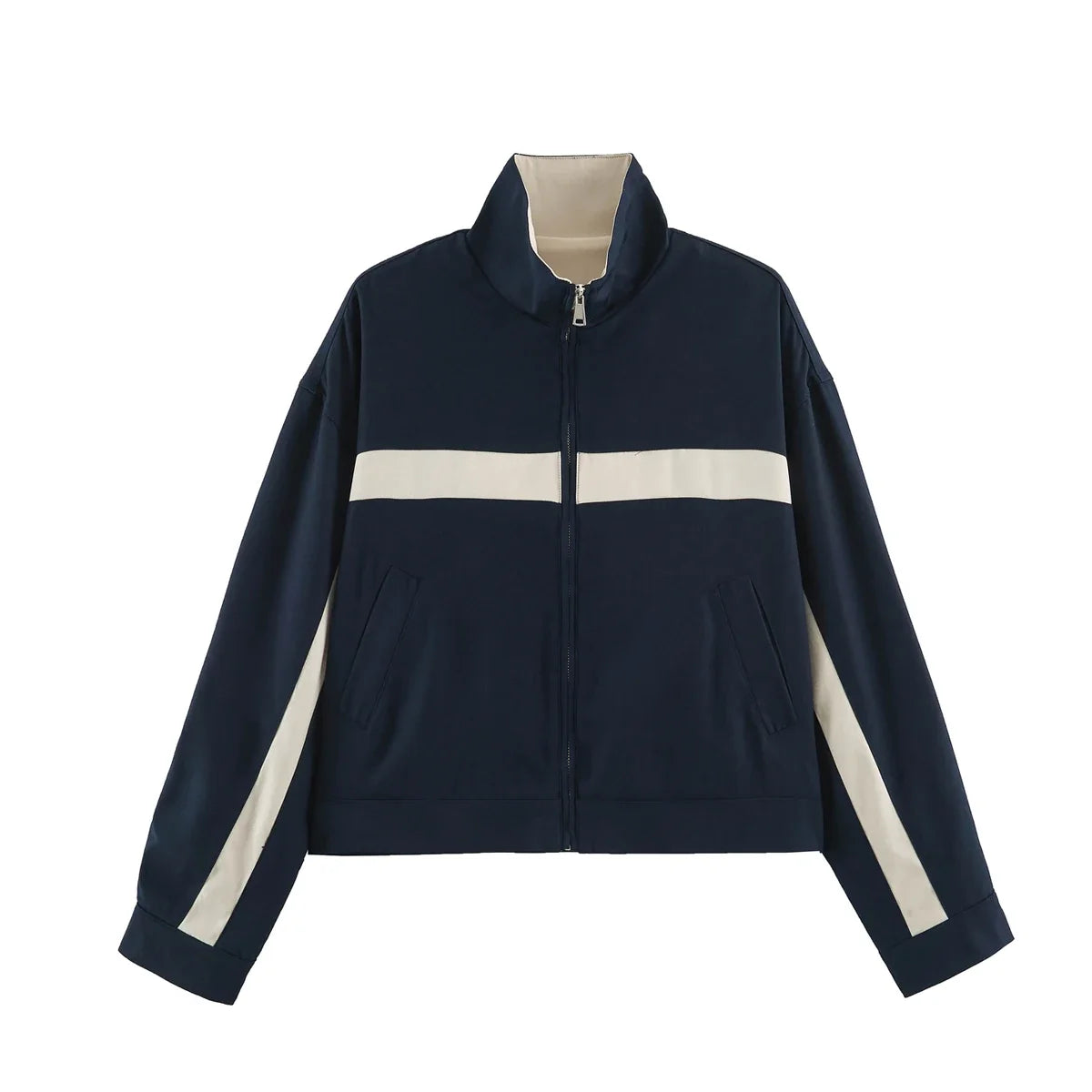 Women's cropped jacket with zipper, stand collar, and block stripes