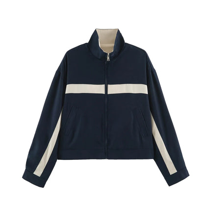 Women's cropped jacket with zipper, stand collar, and block stripes