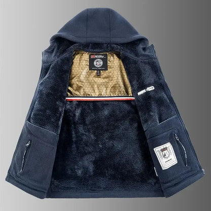 Men's outdoor fleece jacket with hood and zip closure, lined