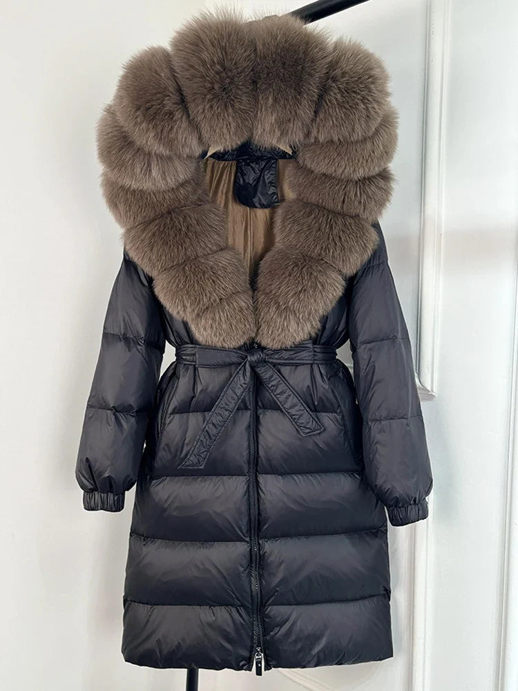 Women's black down coat with fur hood, long winter coat, belt, warm jacket