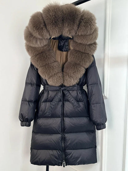 Women's black down coat with fur hood, long winter coat, belt, warm jacket