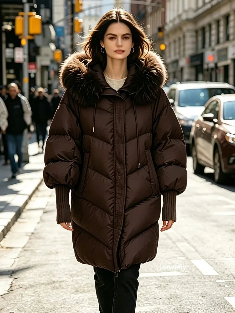 Women's winter quilted jacket with faux fur hood, khaki beige