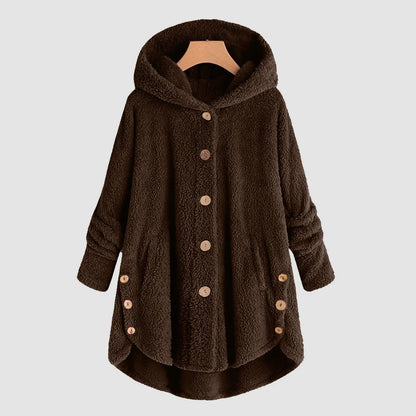 Damen Fleecejacke mit Kapuze Teddy-Optik Langarm Knopfleiste unregelmäßigem Saum