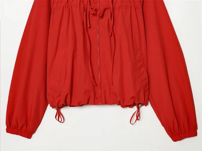 Short women's jacket with hood and drawstring, red