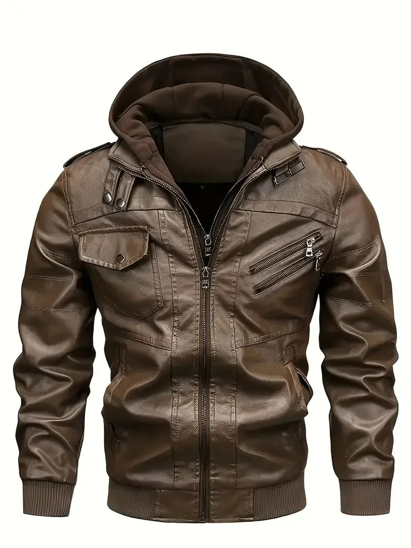 Herren Bomberjacke mit Kapuze und Reißverschlüssen, Lederoptik