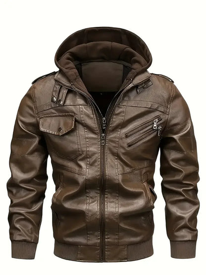 Herren Bomberjacke mit Kapuze und Reißverschlüssen, Lederoptik
