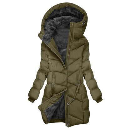 Damen Winter Steppmantel Lang mit Kapuze – Modischer Winddichter Parka für Alltag & Outdoor