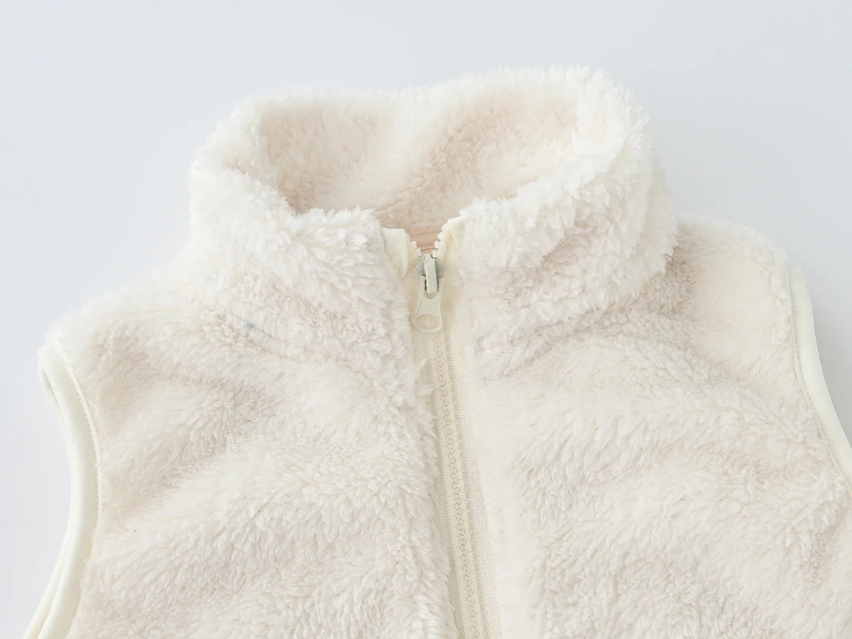 Children's fleece vest with zipper and stand-up collar in light beige