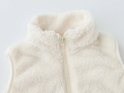 Children's fleece vest with zipper and stand-up collar in light beige