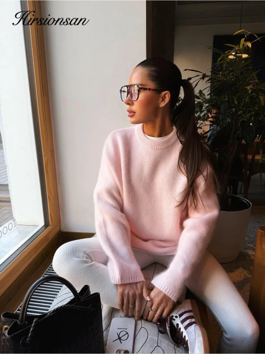 Damen Flauschiger Rundhals-Pullover in Olivgrün