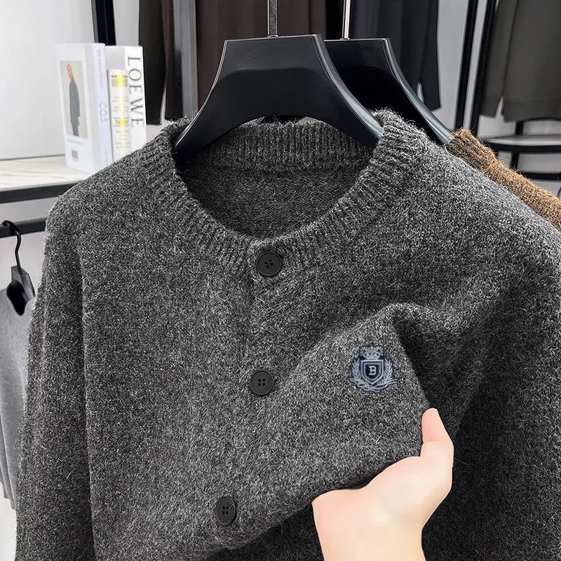 Men's crew-neck cardigan with button placket and emblem, gray/brown