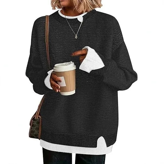 Women's long-sleeve crew-neck sweater with cable-knit look and side slits