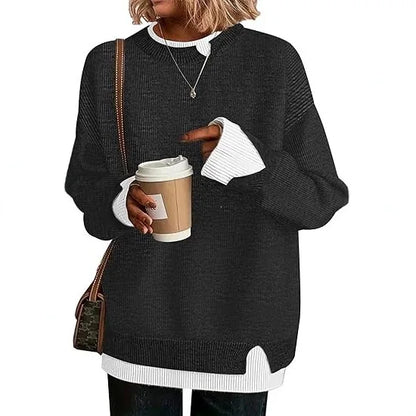 Women's long-sleeve crew-neck sweater with cable-knit look and side slits