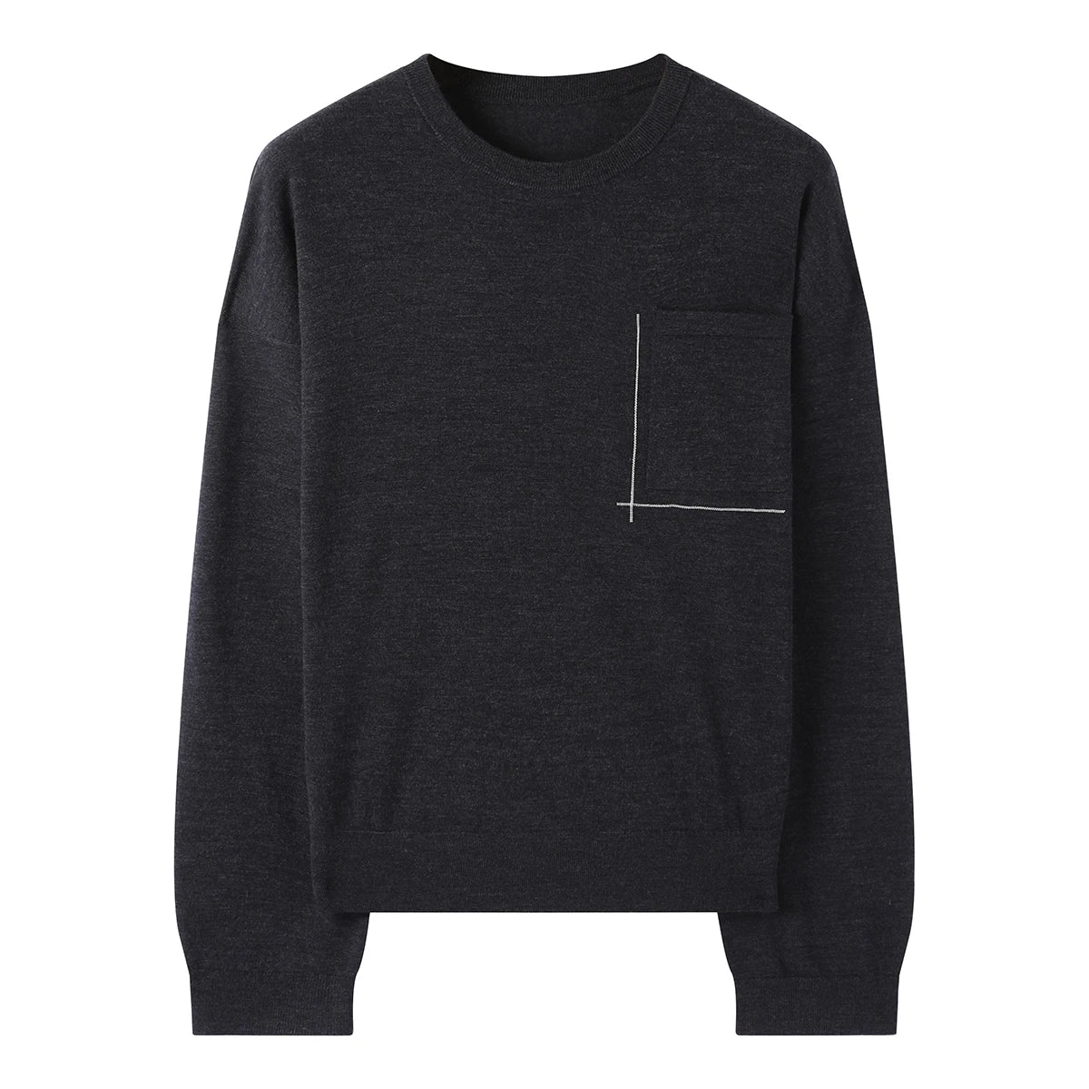 Women's Crew Neck Long-Sleeve Top with Decorative Pocket – White