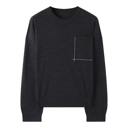 Women's Crew Neck Long-Sleeve Top with Decorative Pocket – White
