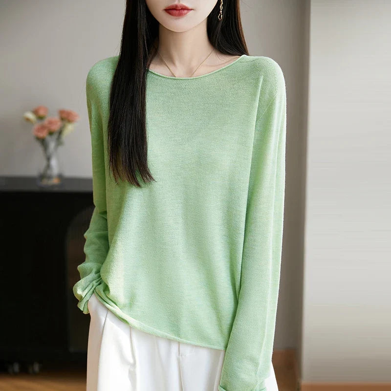 Damen Langarmshirt Rundhals Feinstrick Pullover Violett