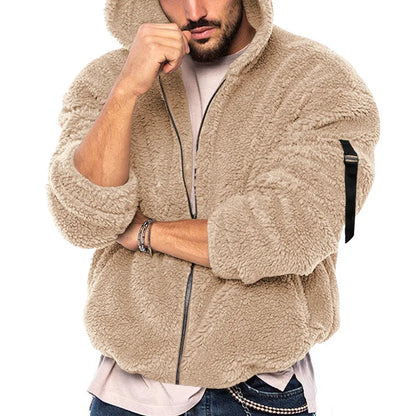 Men's teddy fleece hooded jacket with zipper and pockets