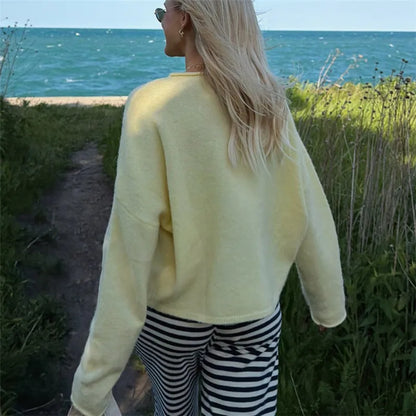 Gelber Oversized Pullover Damen Langarm Rundhals Feinstrick