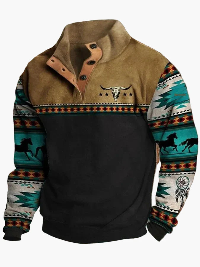 Herren Vintage Western Pullover mit Aztekenmuster und Stehkragen – Freizeit & Outdoor