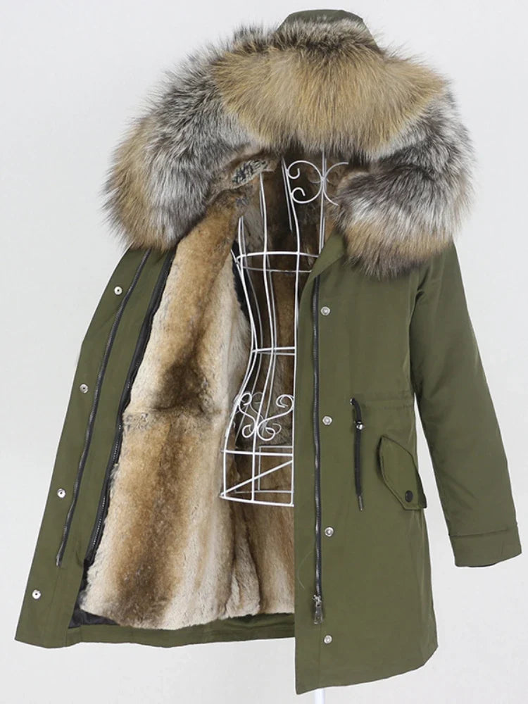 Women's winter parka with hood and fur trim, warm jacket, unisex