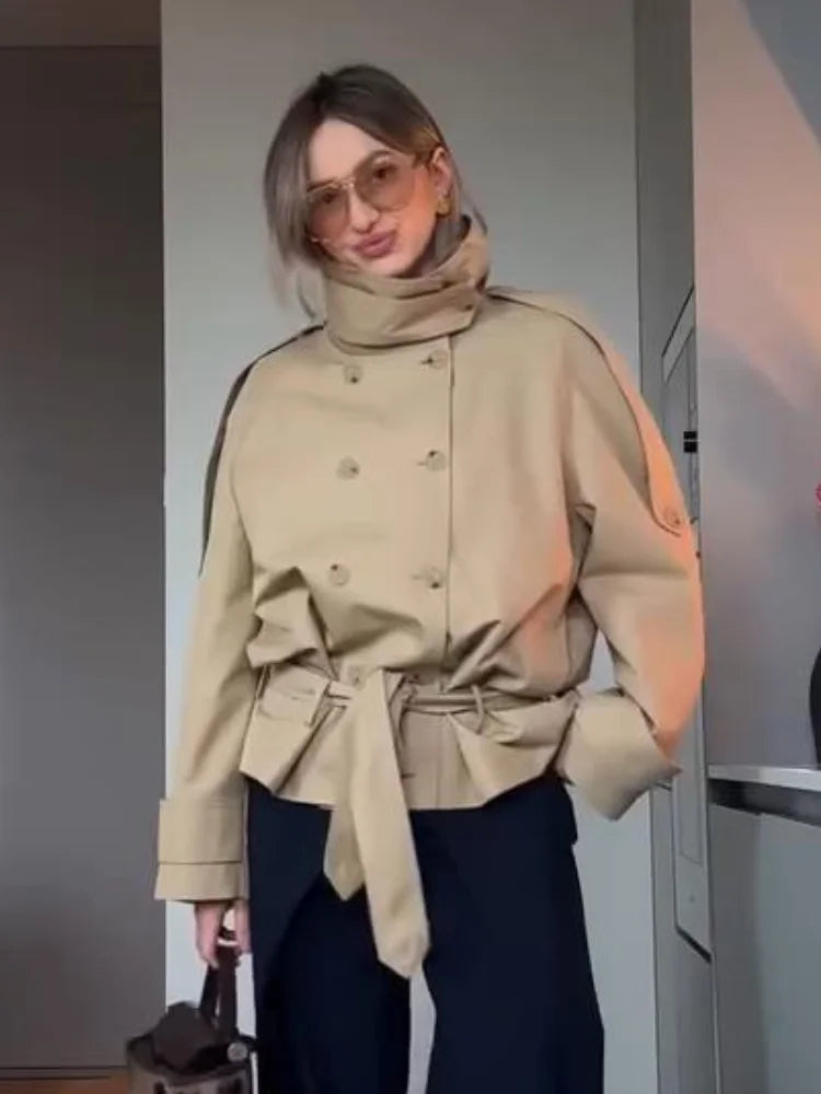 Damen Kurzmantel Jacke Beige Doppeltreiher Wickelgürtel Stehkragen