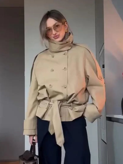 Damen Kurzmantel Jacke Beige Doppeltreiher Wickelgürtel Stehkragen