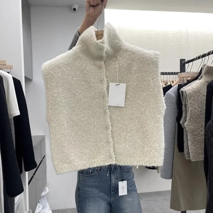 Women's bouclé-look knitted vest with turtleneck, sleeveless
