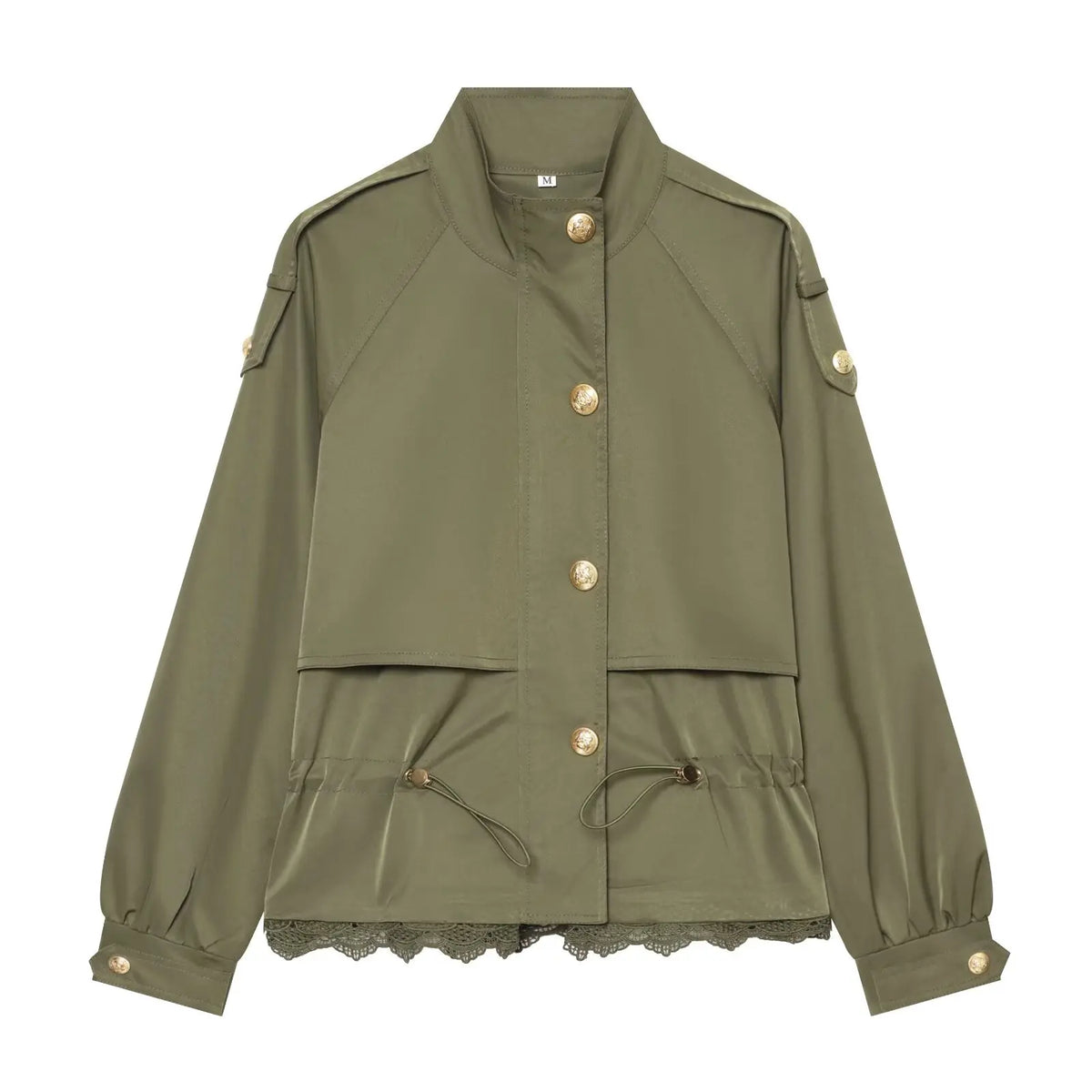 Women's Jacket with Stand Collar, Waist Drawstring and Lace Trim at the Hem