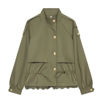 Women's Jacket with Stand Collar, Waist Drawstring and Lace Trim at the Hem
