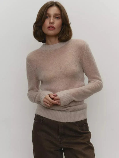 Damen Pullover leicht transparent Feinstrick Rundhals Langarm