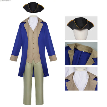 Men's historical costume set, blue and beige frock coat, vest, trousers, pirate hat