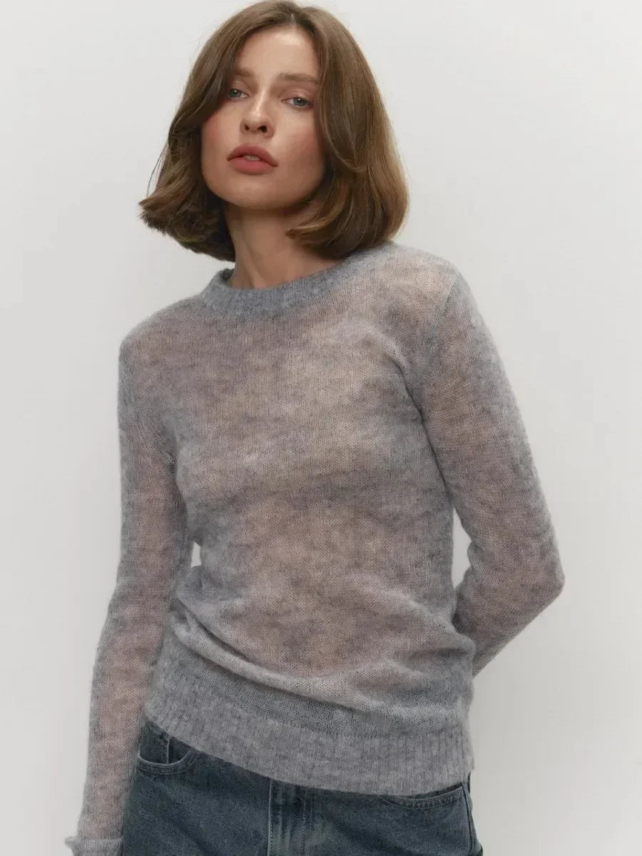Damen Pullover leicht transparent Feinstrick Rundhals Langarm