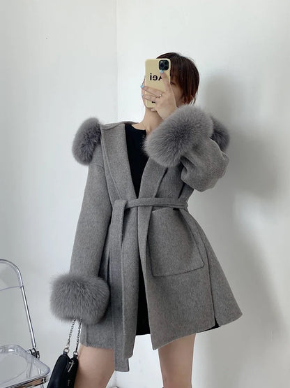 Women's Short Coat with Fur Collar and Fur Cuffs, Belted Wrap Coat