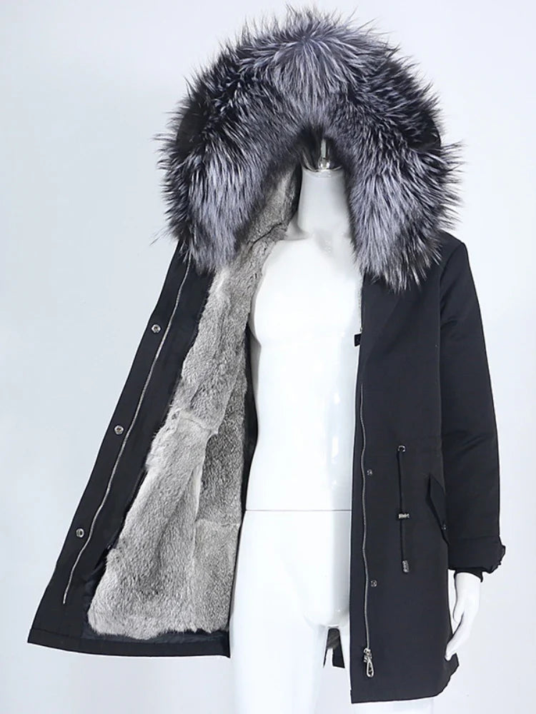 Women's winter parka with hood and fur trim, warm jacket, unisex