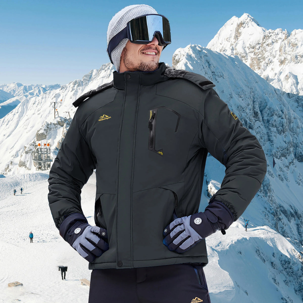 Herren Winterjacke Outdoor Skijacke mit Kapuze und Taschen Orange Grau