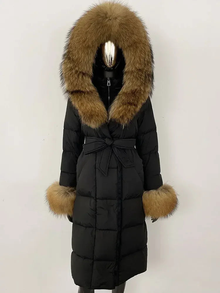 Women's quilted winter down coat with faux fur trim and belt