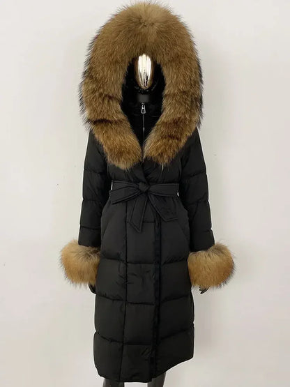 Women's quilted winter down coat with faux fur trim and belt