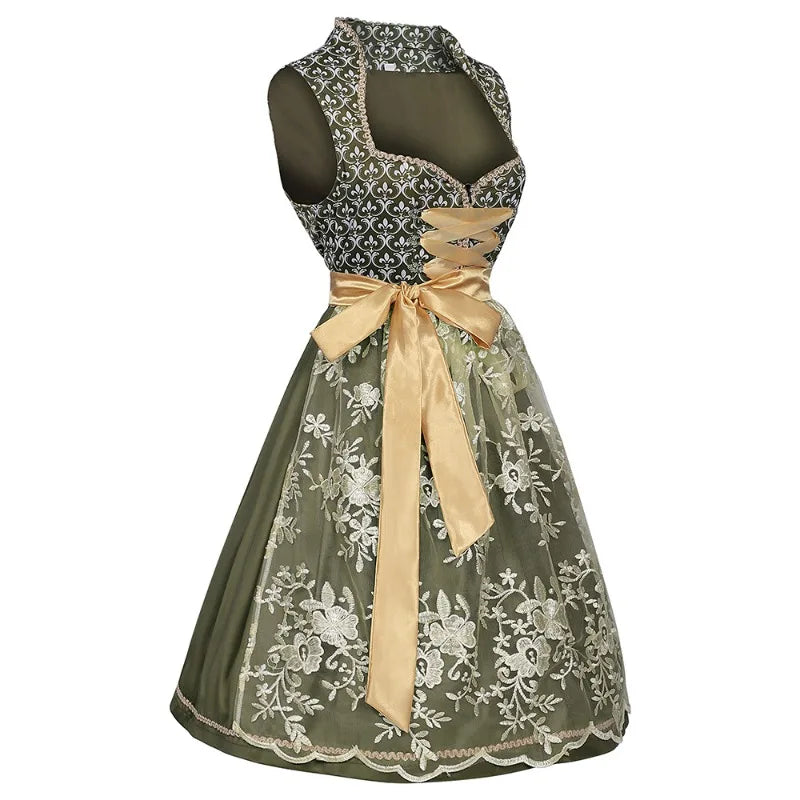 Grünes Dirndl Kleid mit goldener Schürze und Spitzenrock Trachtenkleid