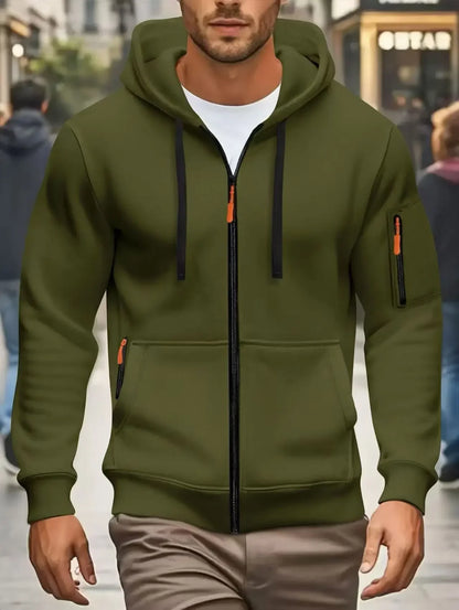 Men's zip-up hoodie with pockets, olive green