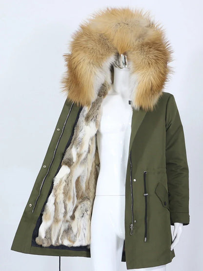 Women's winter parka with hood and fur trim, warm jacket, unisex