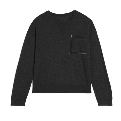 Women's Crew Neck Long-Sleeve Top with Decorative Pocket – White