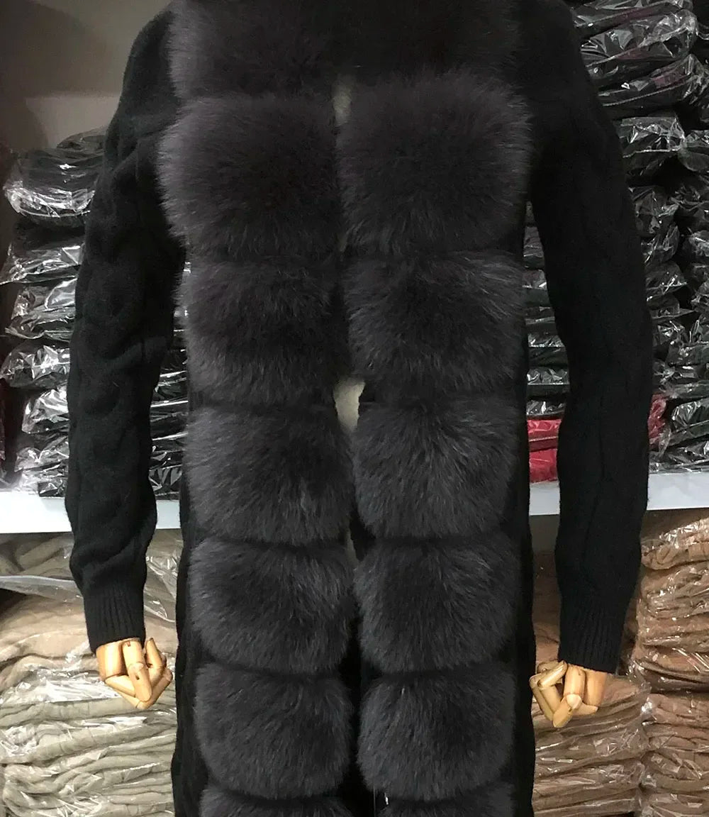Long Knit Cardigan with Faux Fur Trim and Cable-Knit Pattern in Purple